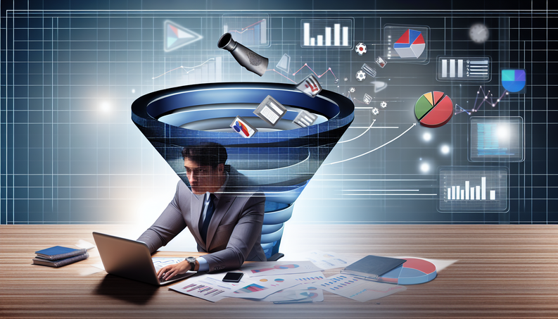 Entrepreneur at a desk surrounded by digital tools, graphs, and a funnel unlocking business potential.