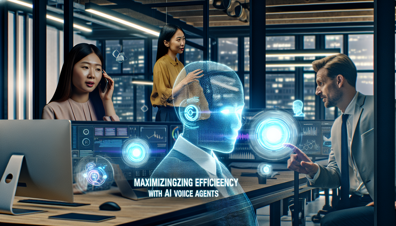 Cover design illustrating AI voice agents enhancing business efficiency with modern visuals and diverse teamwork.