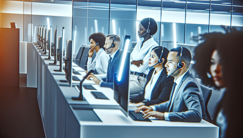 Futuristic office scene with diverse reps interacting with AI voice agents and sleek technology.