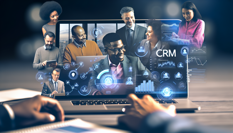 Sleek CRM dashboard on a laptop, showcasing AI elements and diverse small business owners engaging digitally.