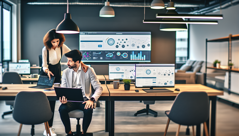 Diverse small business owners collaborate in a modern office, surrounded by digital tools and AI elements.