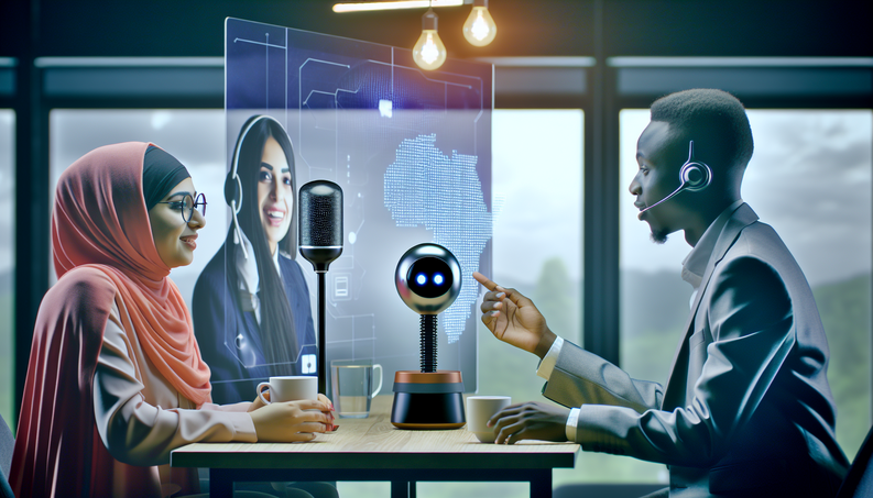 Futuristic customer service scene with AI voice agent and diverse customers, showcasing innovation.