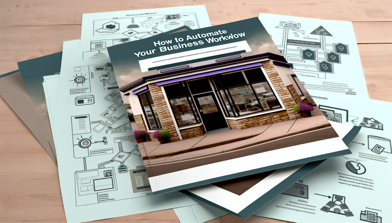 Cover design for "How to Automate Your Business Workflow" featuring a small business with digital elements.