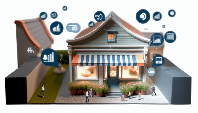 Book cover for "Streamlining Sales Funnels" featuring a local shop with sales metrics and CRM icons.