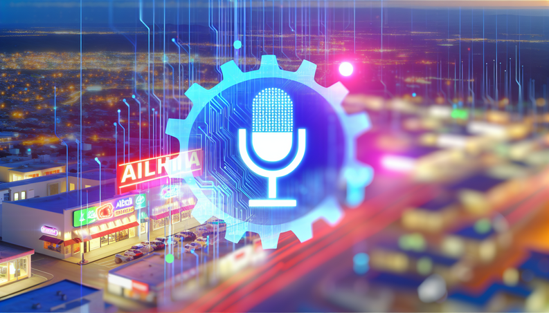 Vibrant cityscape with a friendly AI voice agent, symbolizing enhanced customer engagement.